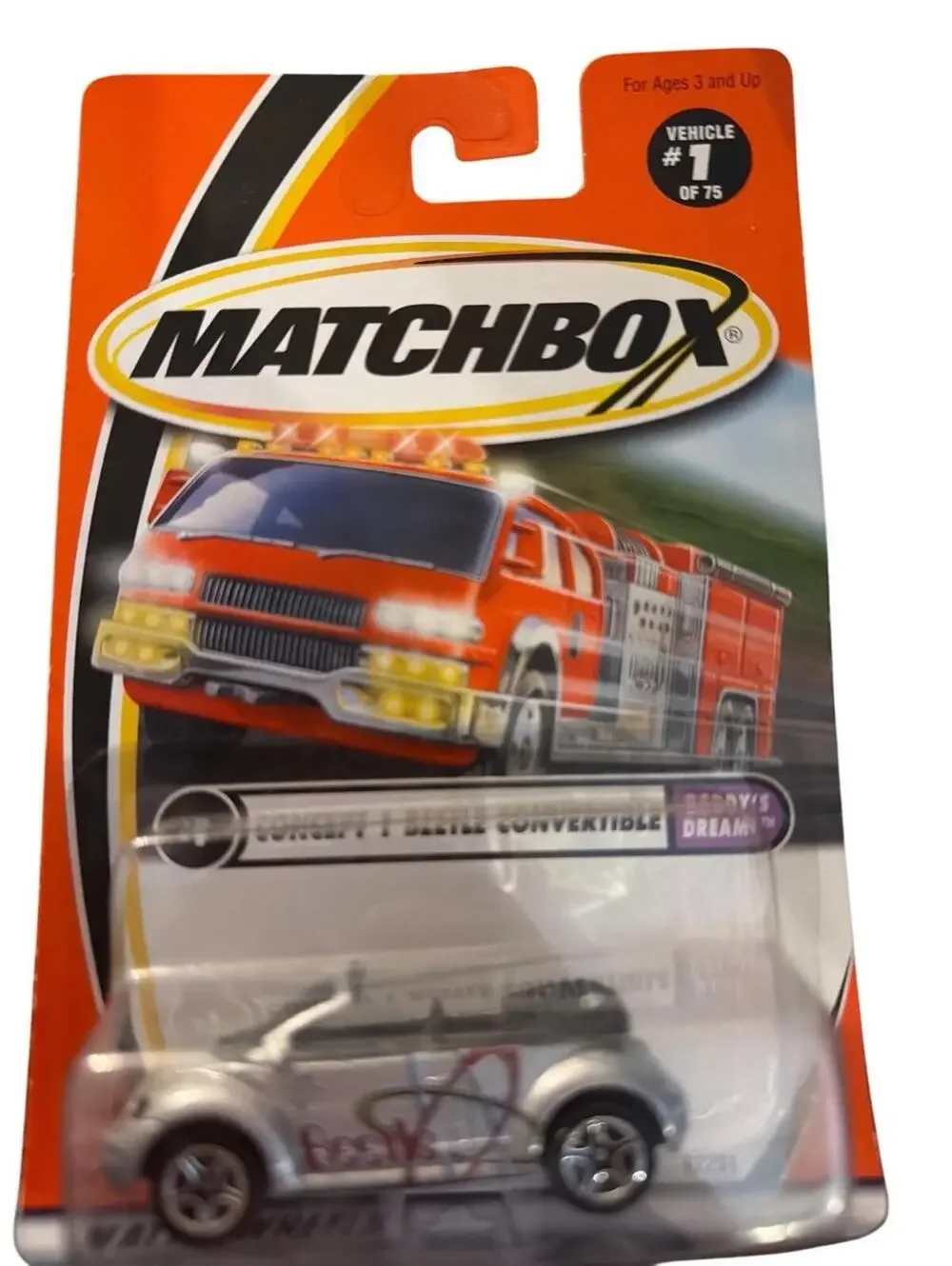 Matchbox Concept 1 Beetle Convertible 1/75 Silver Red White Design New In Packag